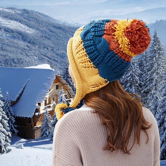 Women Yellow blue Winter Peruvian Cover Ears Beanie Hat Ear Flaps Sherp Ski Snow - Picture 3 of 9